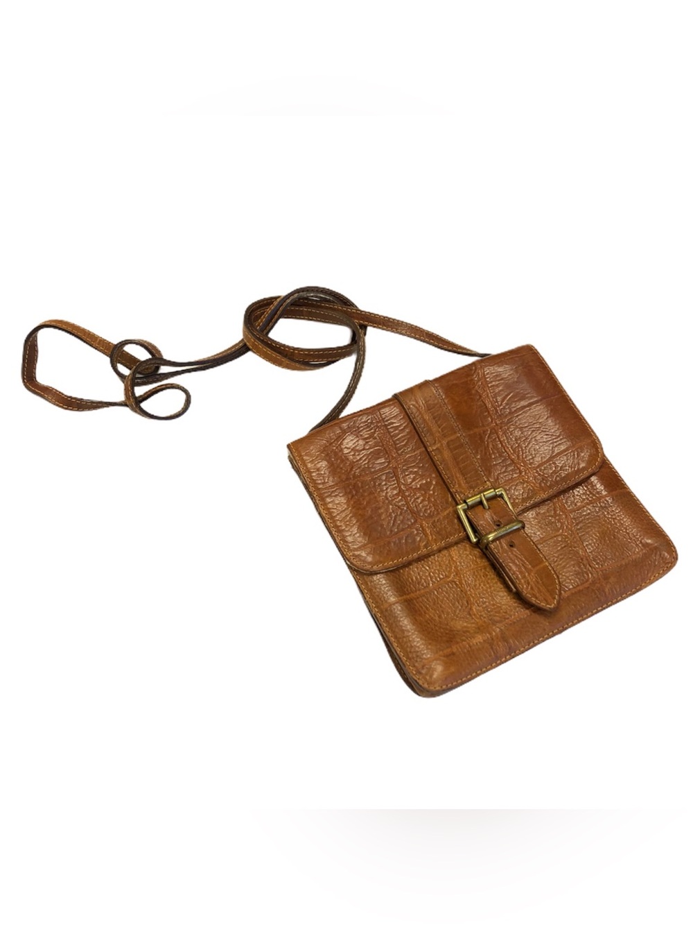 Vtg Furla Rich Cognac Leather Messenger Crossbody Bag Croc Embossed